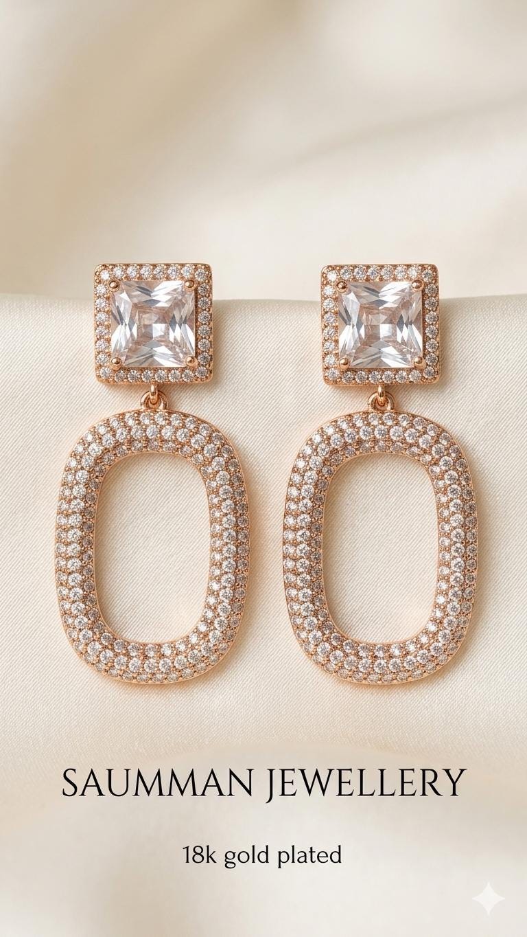 18k Gold Plated Oval Drop Earrings, Pavé Crystal Dangle, Square Zirconia Bridal Jewelry