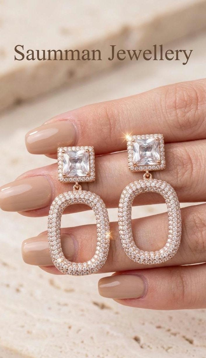 18k Gold Plated Oval Drop Earrings, Pavé Crystal Dangle, Square Zirconia Bridal Jewelry