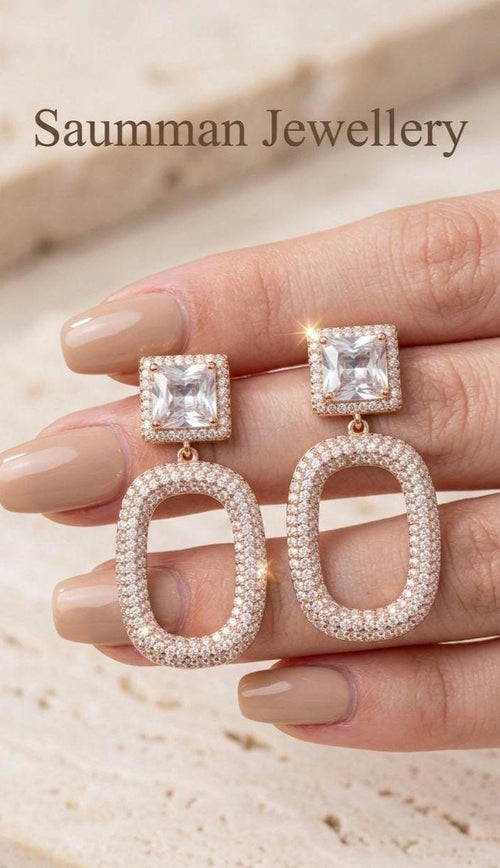 18k Gold Plated Oval Drop Earrings, Pavé Crystal Dangle, Square Zirconia Bridal Jewelry
