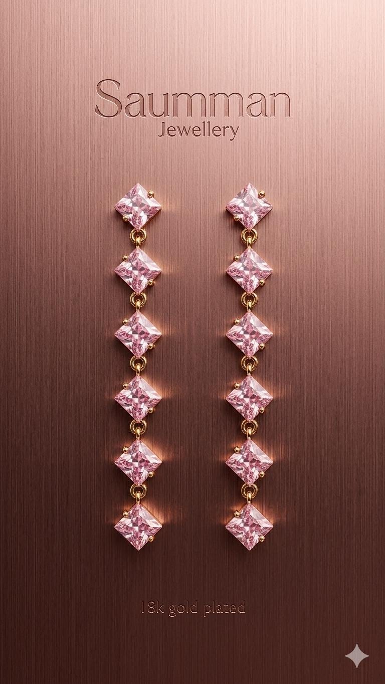 18k Gold Plated Pink Crystal Drop Earrings, Princess Cut Dangle, Bridal Party Screw Back