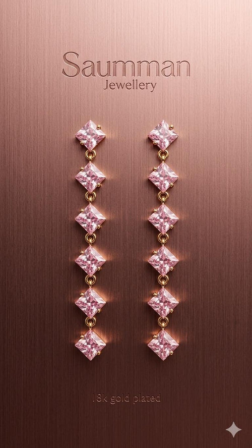 18k Gold Plated Pink Crystal Drop Earrings, Princess Cut Dangle, Bridal Party Screw Back