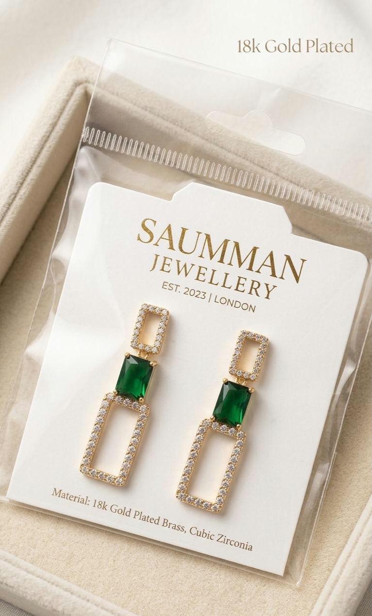 Emerald Green Rectangle Drop Earrings, 18K Gold Plated Geometric Dangle Jewelry