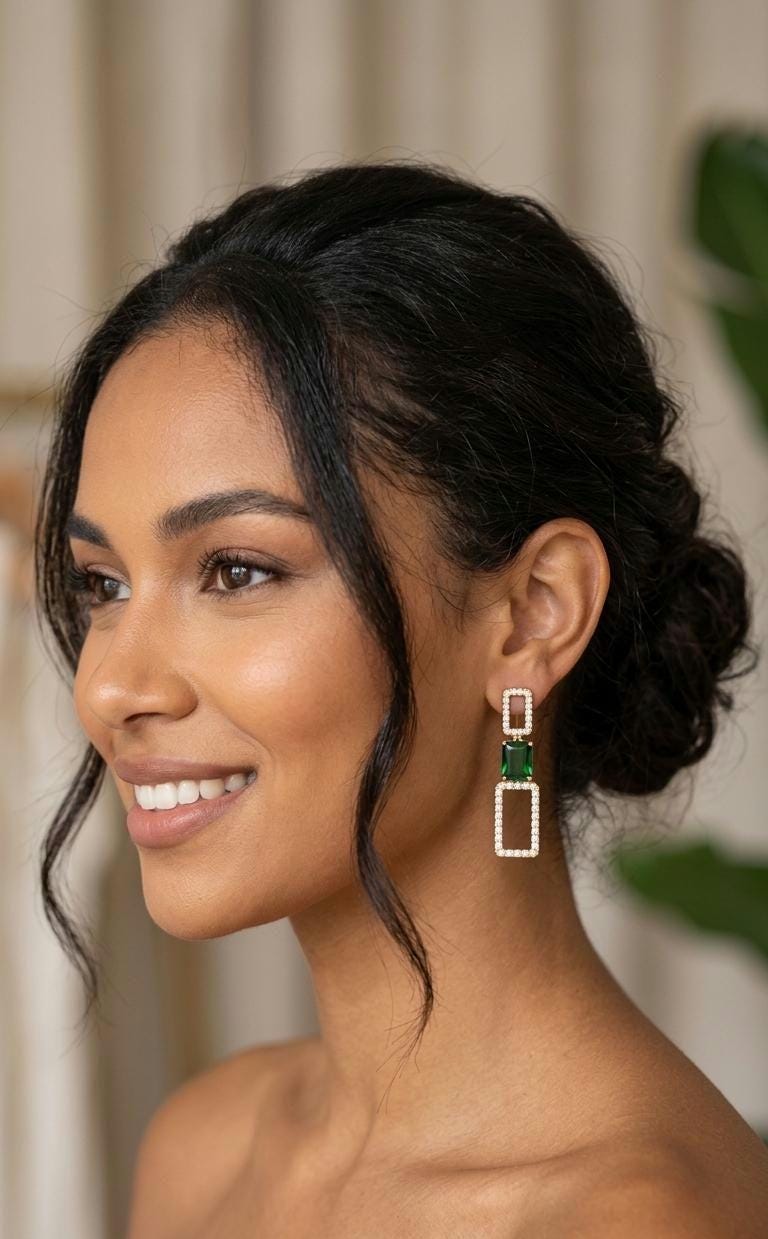 Emerald Green Rectangle Drop Earrings, 18K Gold Plated Geometric Dangle Jewelry