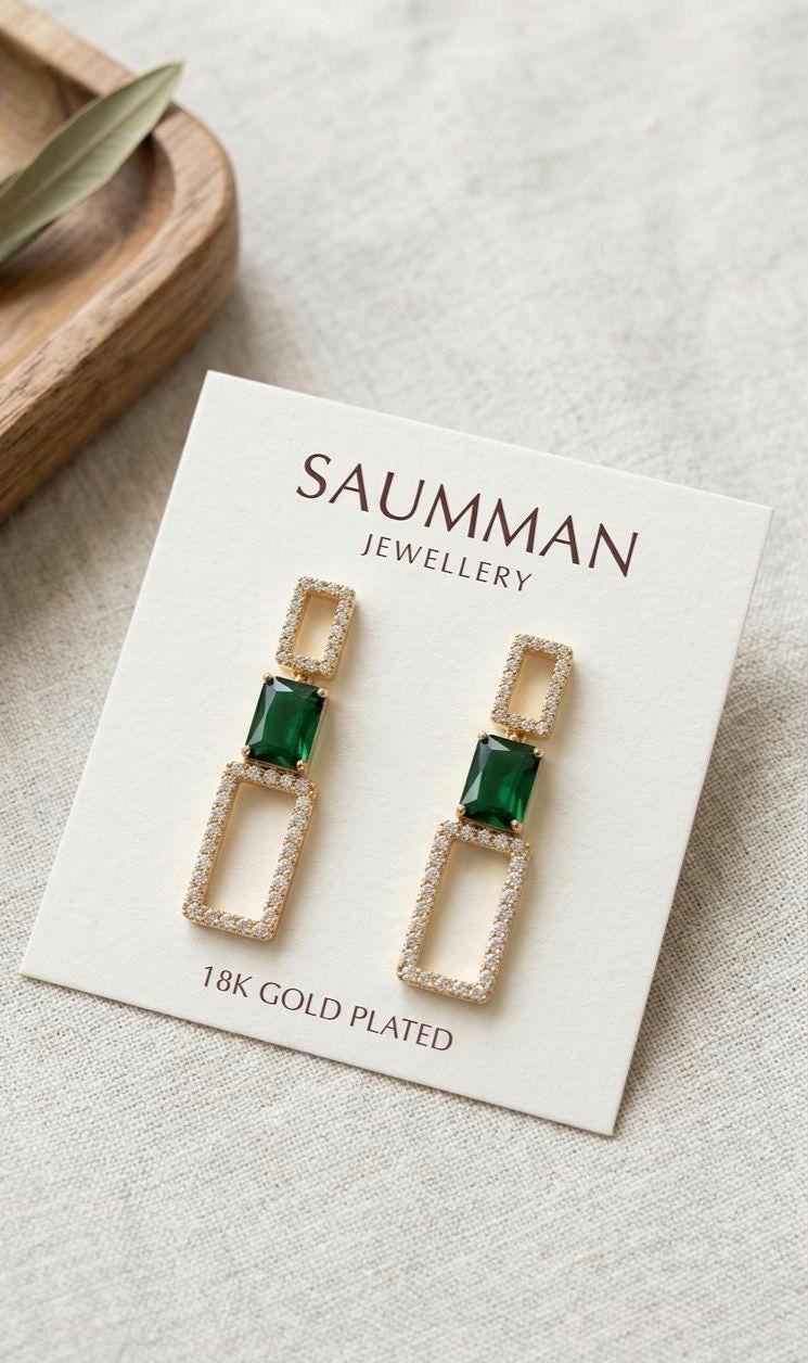 Emerald Green Rectangle Drop Earrings, 18K Gold Plated Geometric Dangle Jewelry