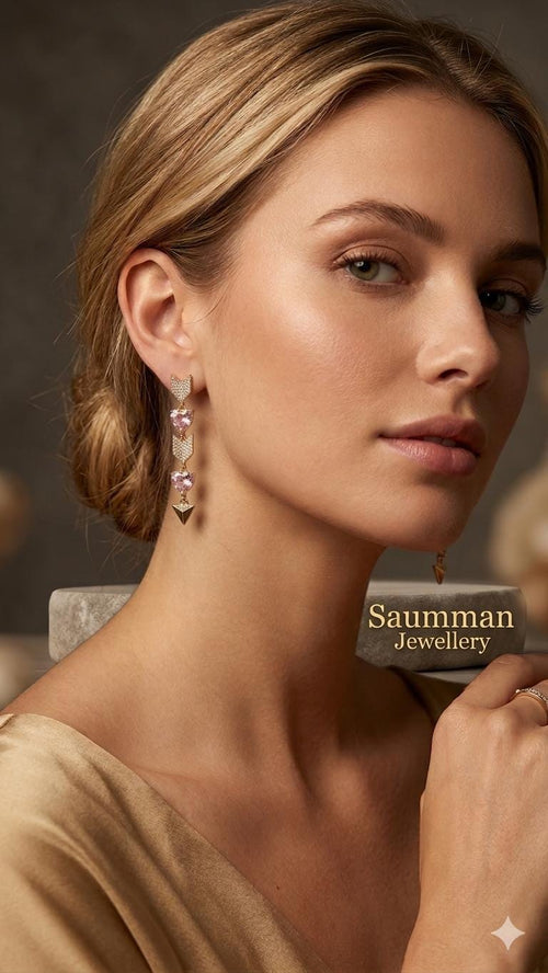 18k Gold Plated Heart Arrow Drop Earrings, Pink Zirconia Dangle Jewel