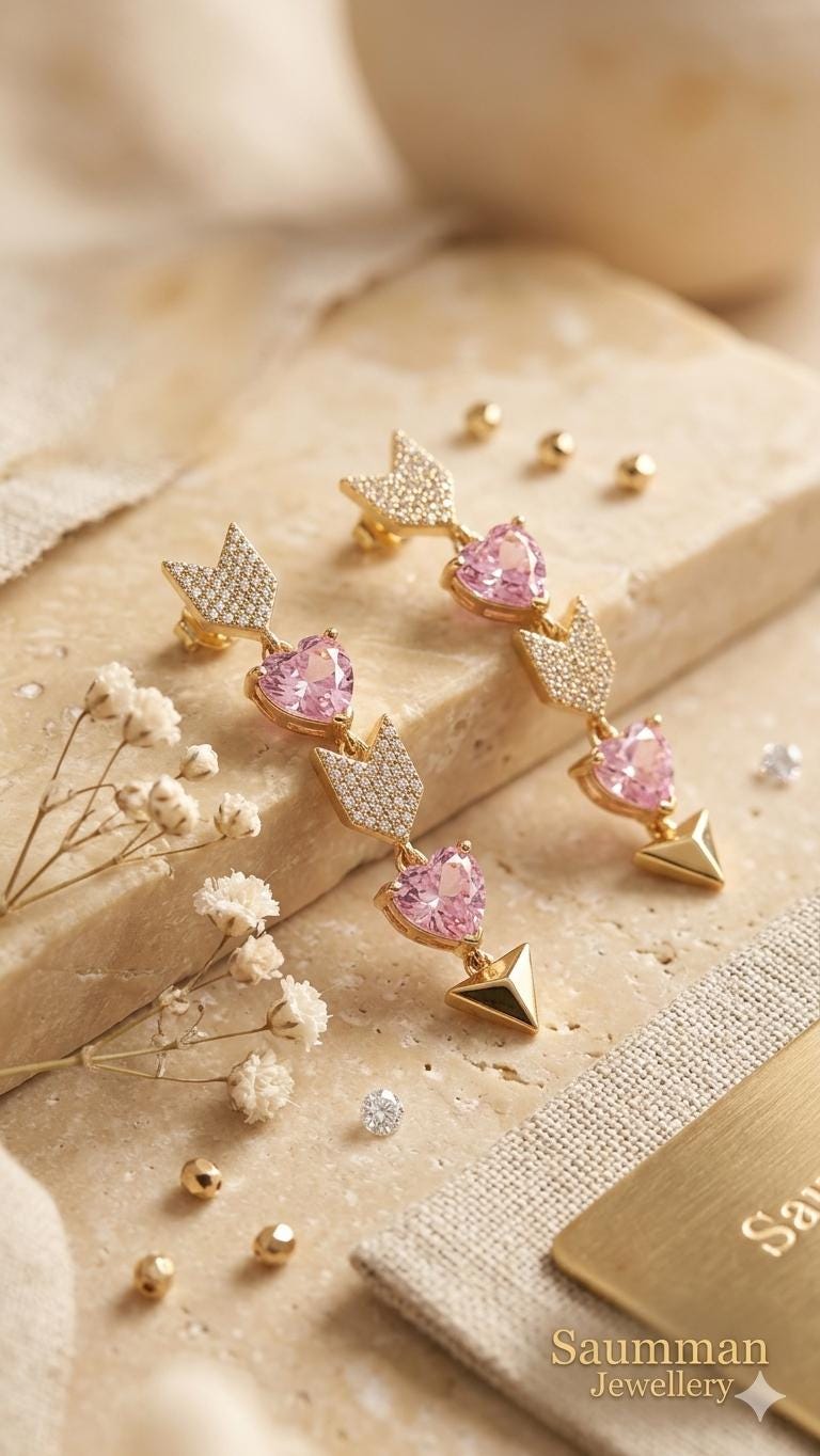 18k Gold Plated Heart Arrow Drop Earrings, Pink Zirconia Dangle Jewel