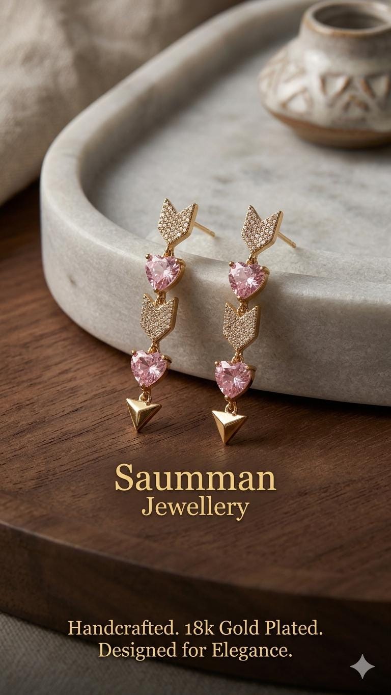 18k Gold Plated Heart Arrow Drop Earrings, Pink Zirconia Dangle Jewel