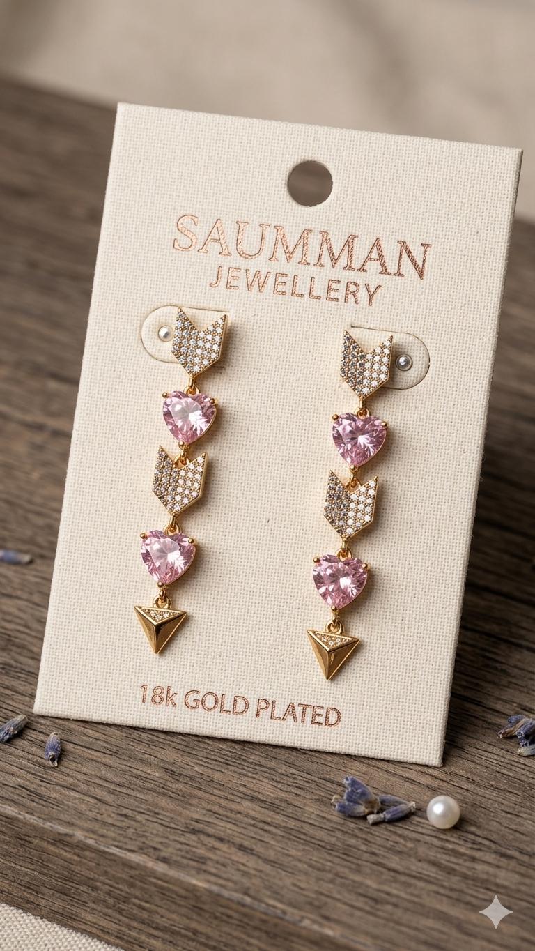 18k Gold Plated Heart Arrow Drop Earrings, Pink Zirconia Dangle Jewel