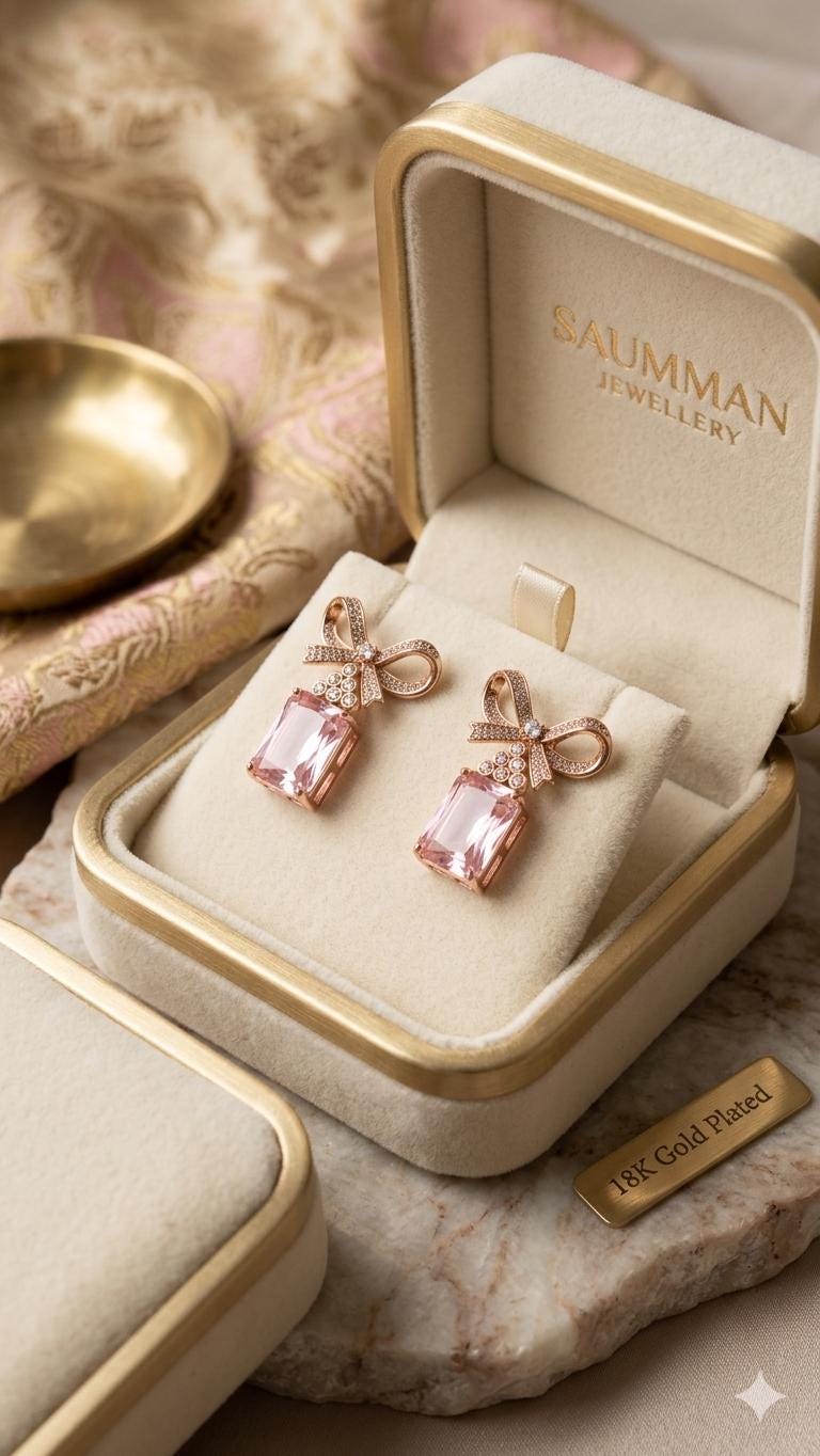18k Gold Plated Pink Bow Earrings, Emerald Cut Drop, Coquette Style, Screw Back