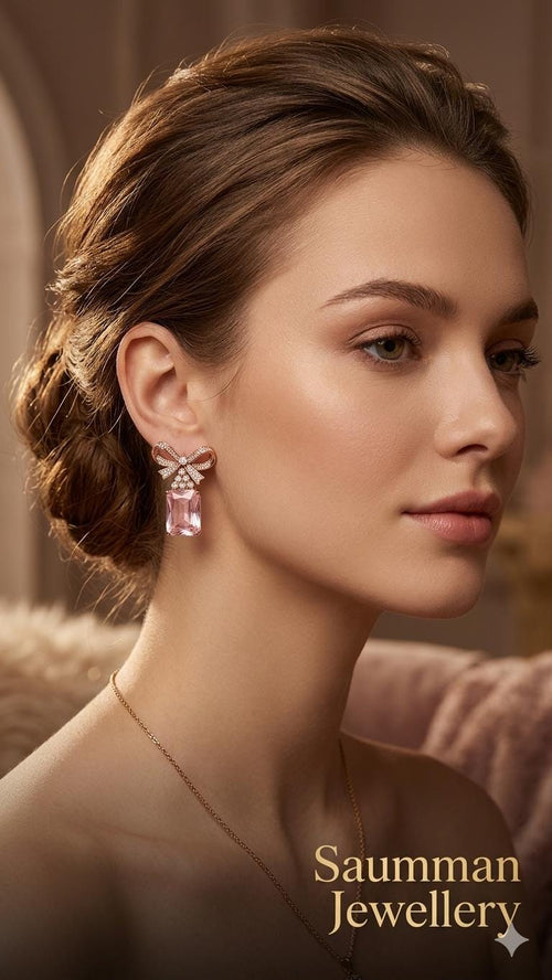 18k Gold Plated Pink Bow Earrings, Emerald Cut Drop, Coquette Style, Screw Back