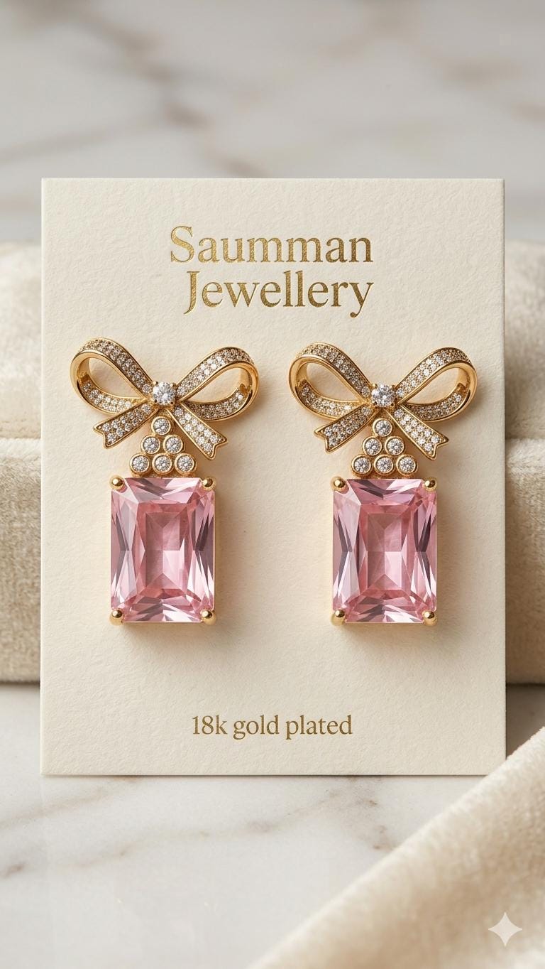 18k Gold Plated Pink Bow Earrings, Emerald Cut Drop, Coquette Style, Screw Back