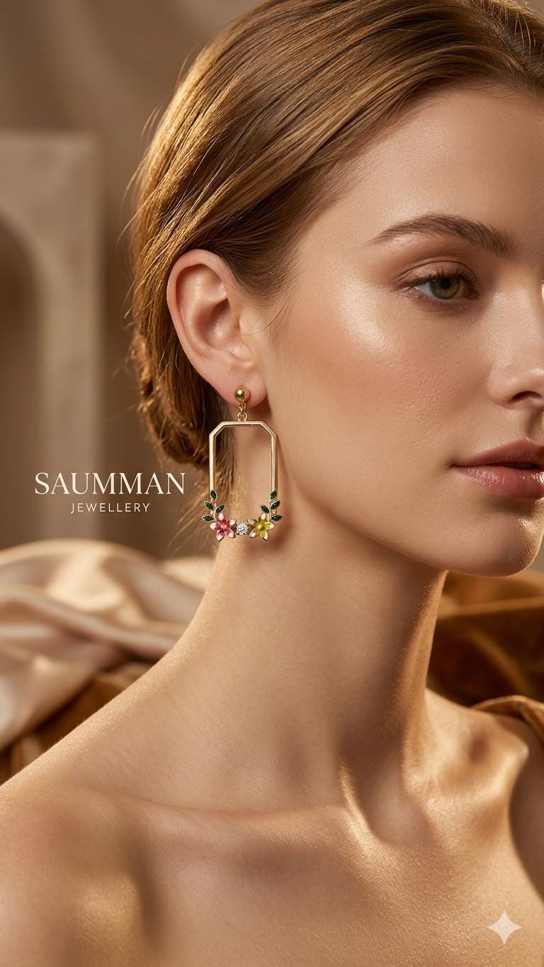 18K Gold Plated Botanical Enamel Drop Earrings, Geometric Floral Rectangle Hoops