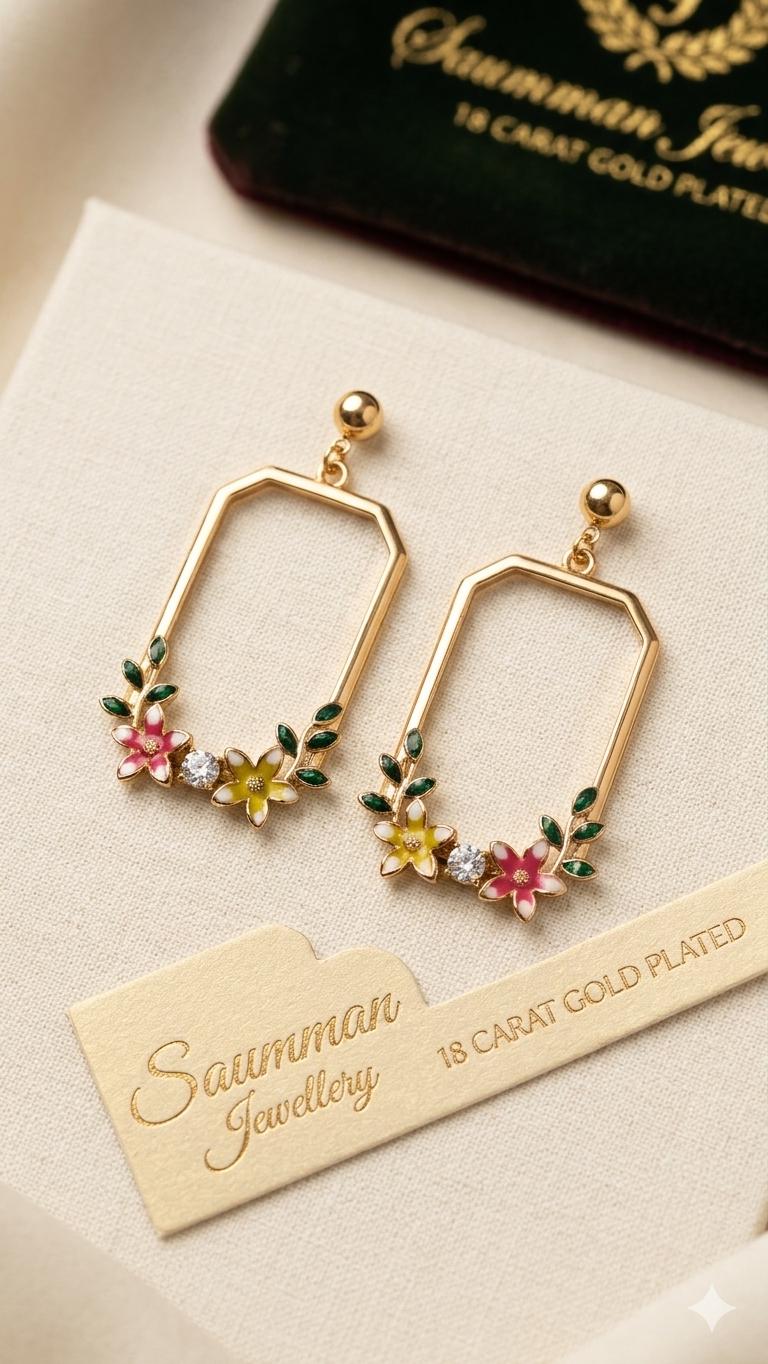 18K Gold Plated Botanical Enamel Drop Earrings, Geometric Floral Rectangle Hoops