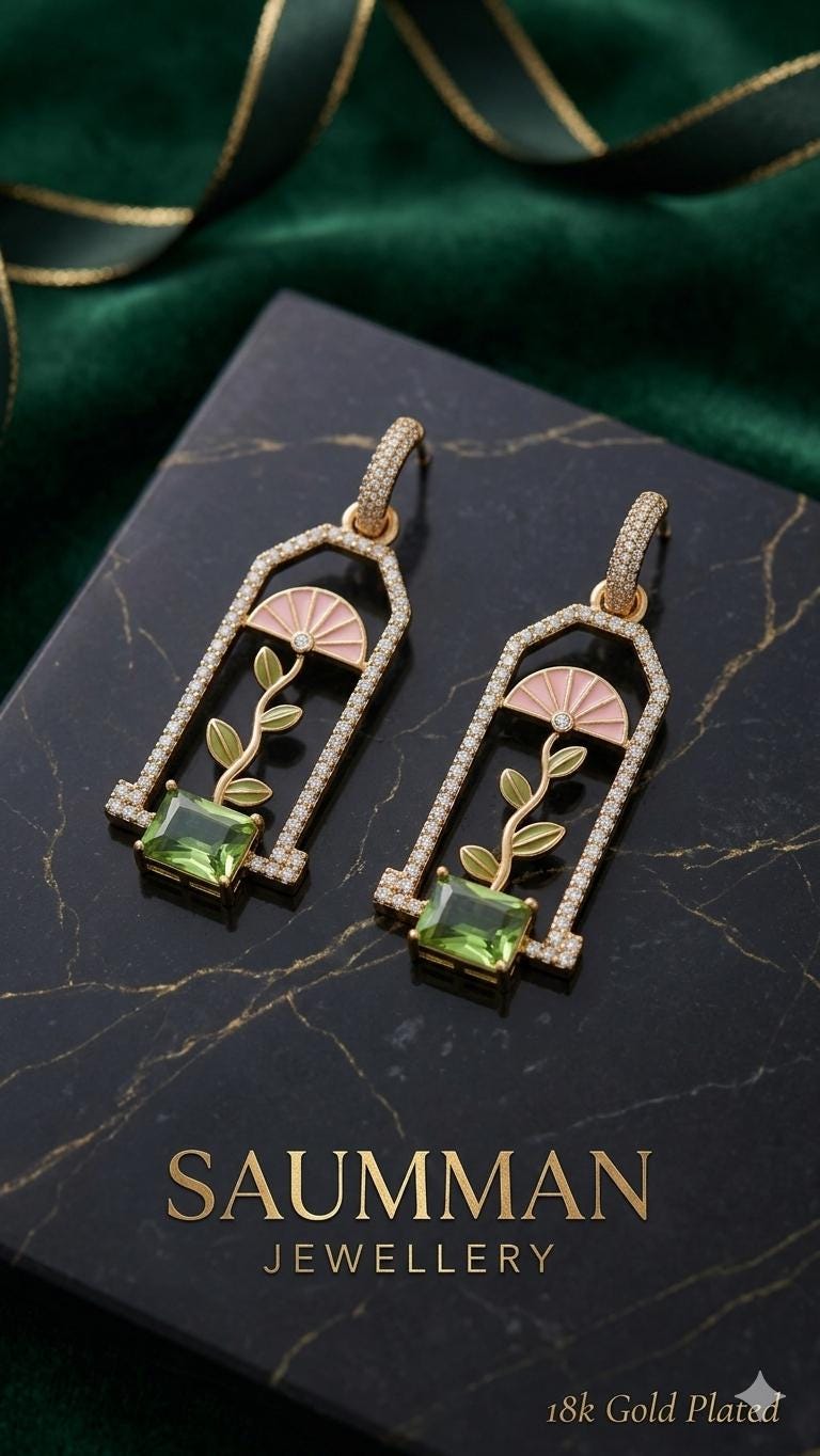 18K Gold Plated Greenhouse Dangle Earrings, Art Deco Flower Window, Peridot Green Gemstone