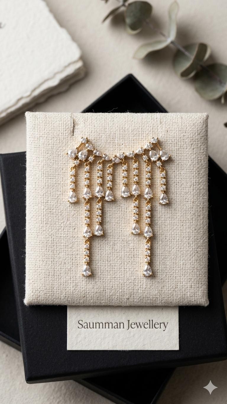 18K Gold Plated Teardrop Chandelier Earrings, Cubic Zirconia Dangle Bridal Jewelry