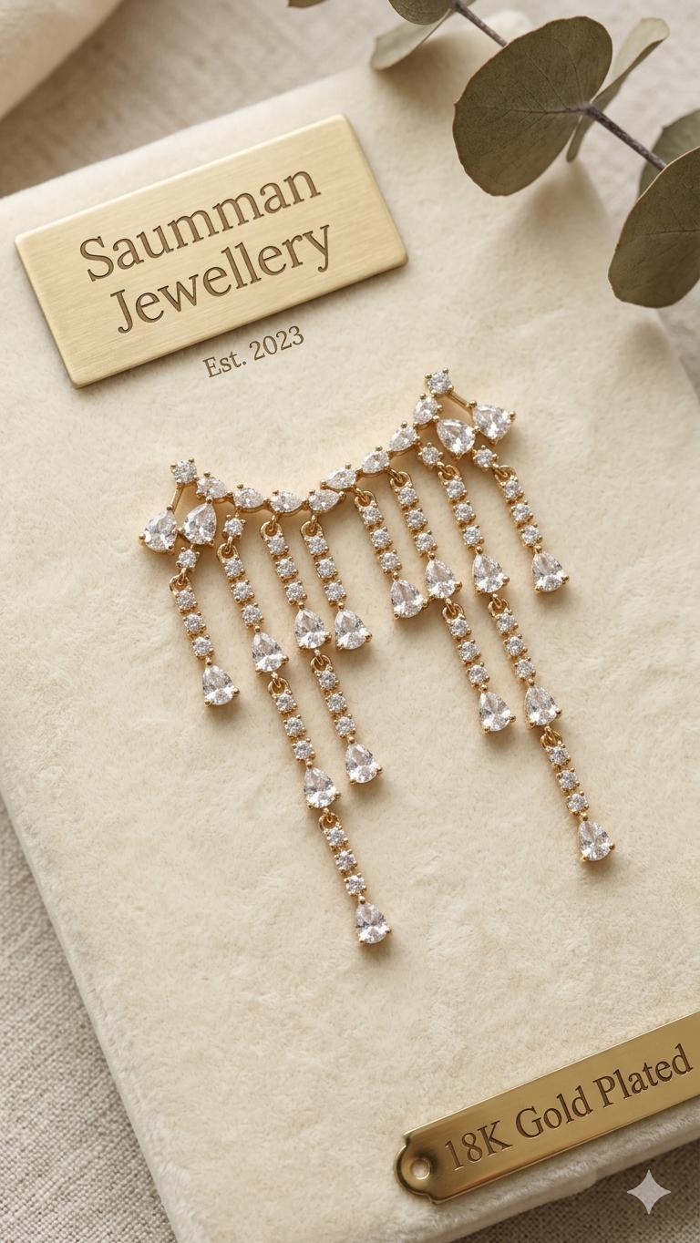 18K Gold Plated Teardrop Chandelier Earrings, Cubic Zirconia Dangle Bridal Jewelry