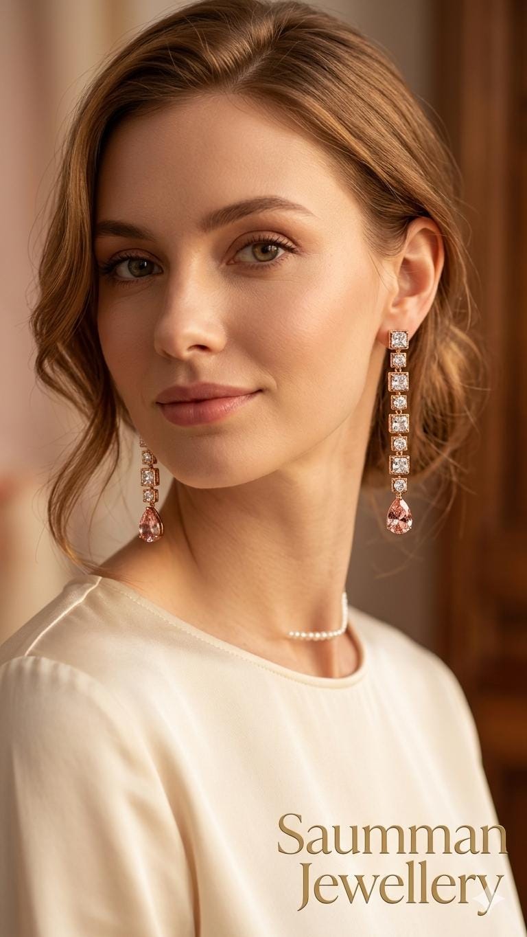 18k Gold Plated Pink Teardrop Crystal Drop Earrings, Geometric Bridal Dangle Jewelry