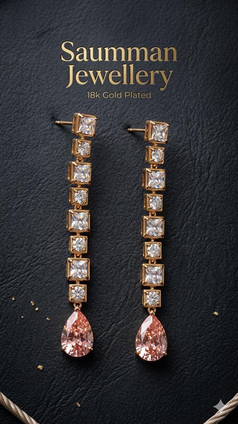 18k Gold Plated Pink Teardrop Crystal Drop Earrings, Geometric Bridal Dangle Jewelry