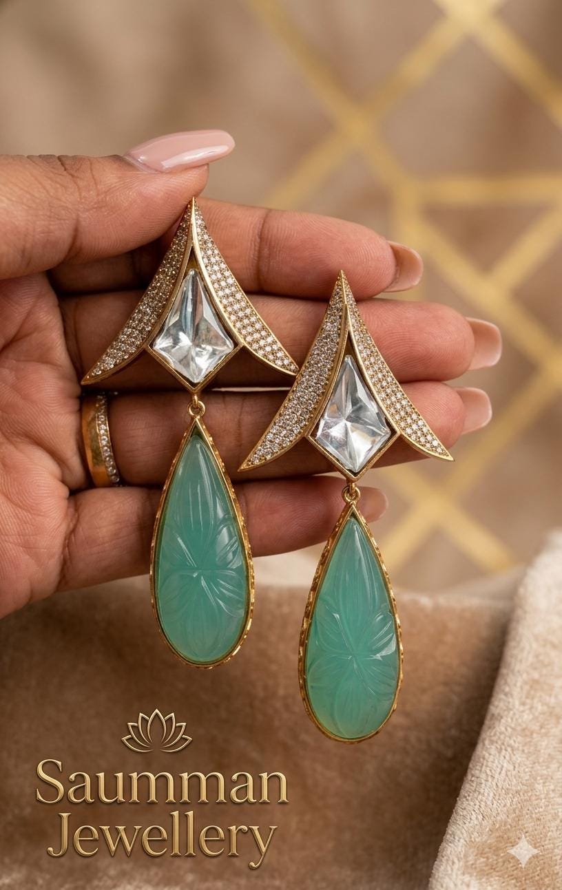 Carved Mint Green Quartz Teardrop Earrings, Art Deco Floral Dangle Jewelry