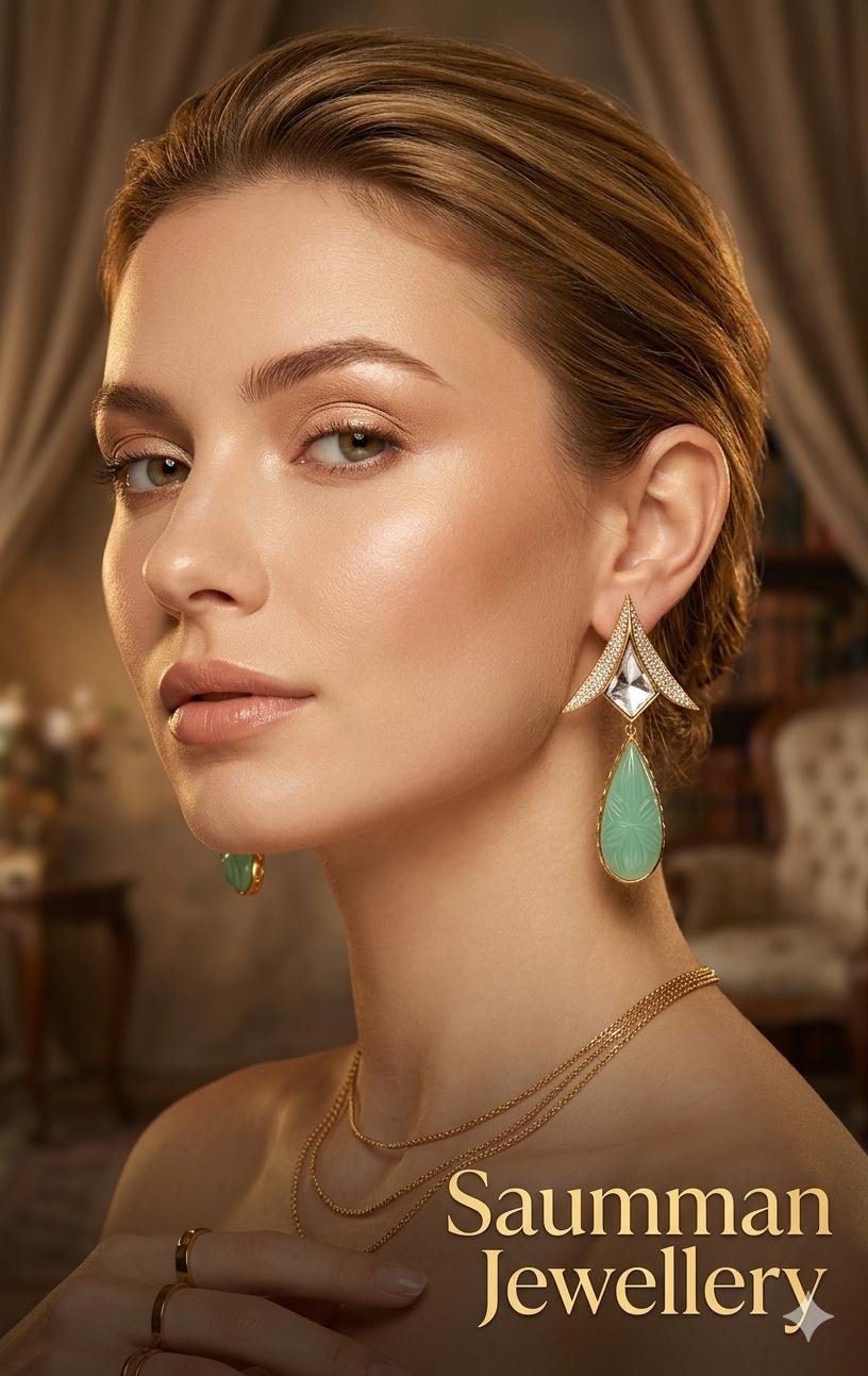 Carved Mint Green Quartz Teardrop Earrings, Art Deco Floral Dangle Jewelry