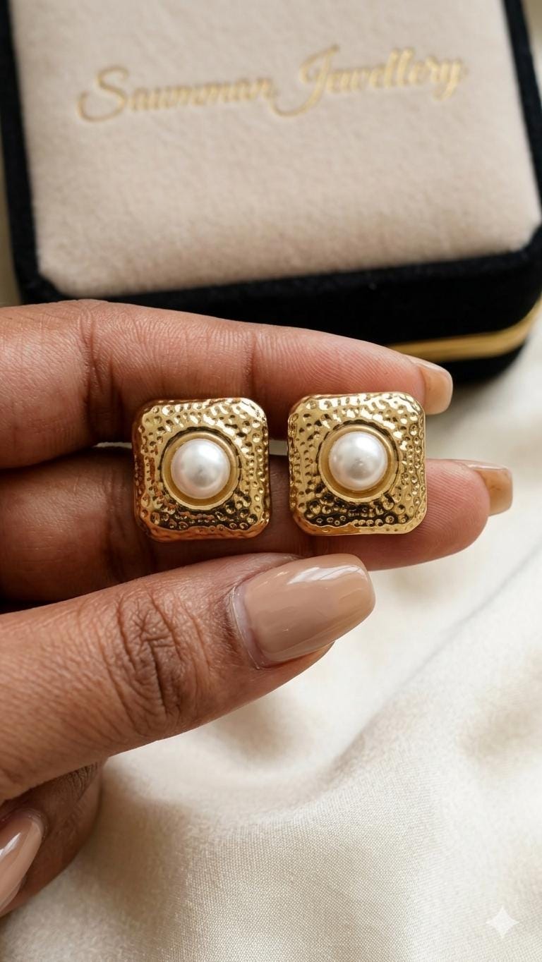 Gold Flower Pearl Earrings Set, Textured Stainless Steel Statement Hoops