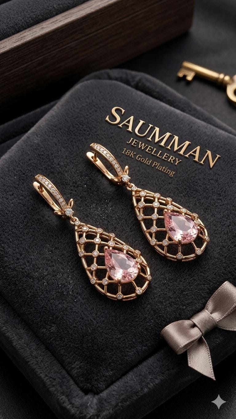 18K Gold Plated Pink Morganite Teardrop Earrings, Victorian Lattice Dangle Jewelry