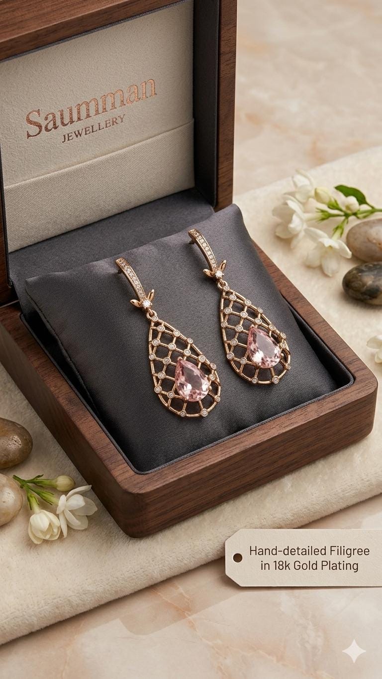 18K Gold Plated Pink Morganite Teardrop Earrings, Victorian Lattice Dangle Jewelry