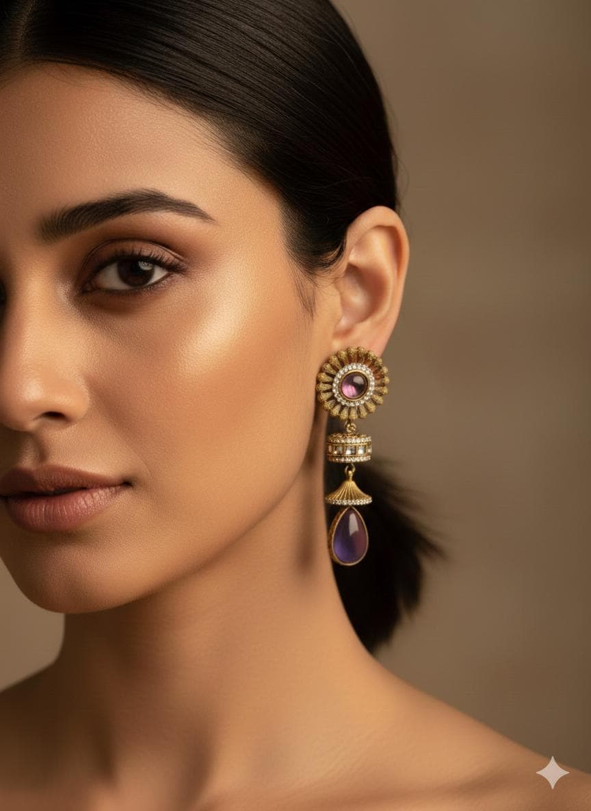 Amethyst Drop Earrings | Antique Gold Victorian Indian Jhumka Bridal Jewelry.