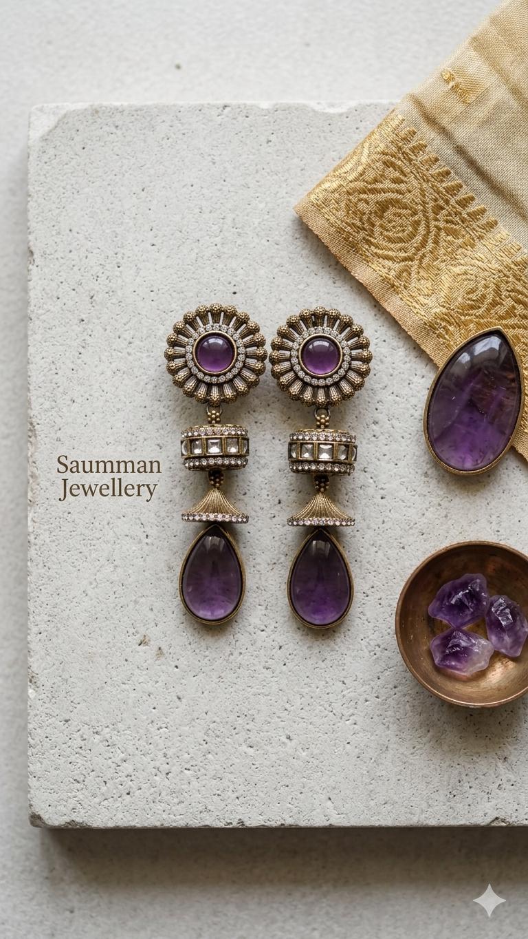 Amethyst Drop Earrings | Antique Gold Victorian Indian Jhumka Bridal Jewelry.