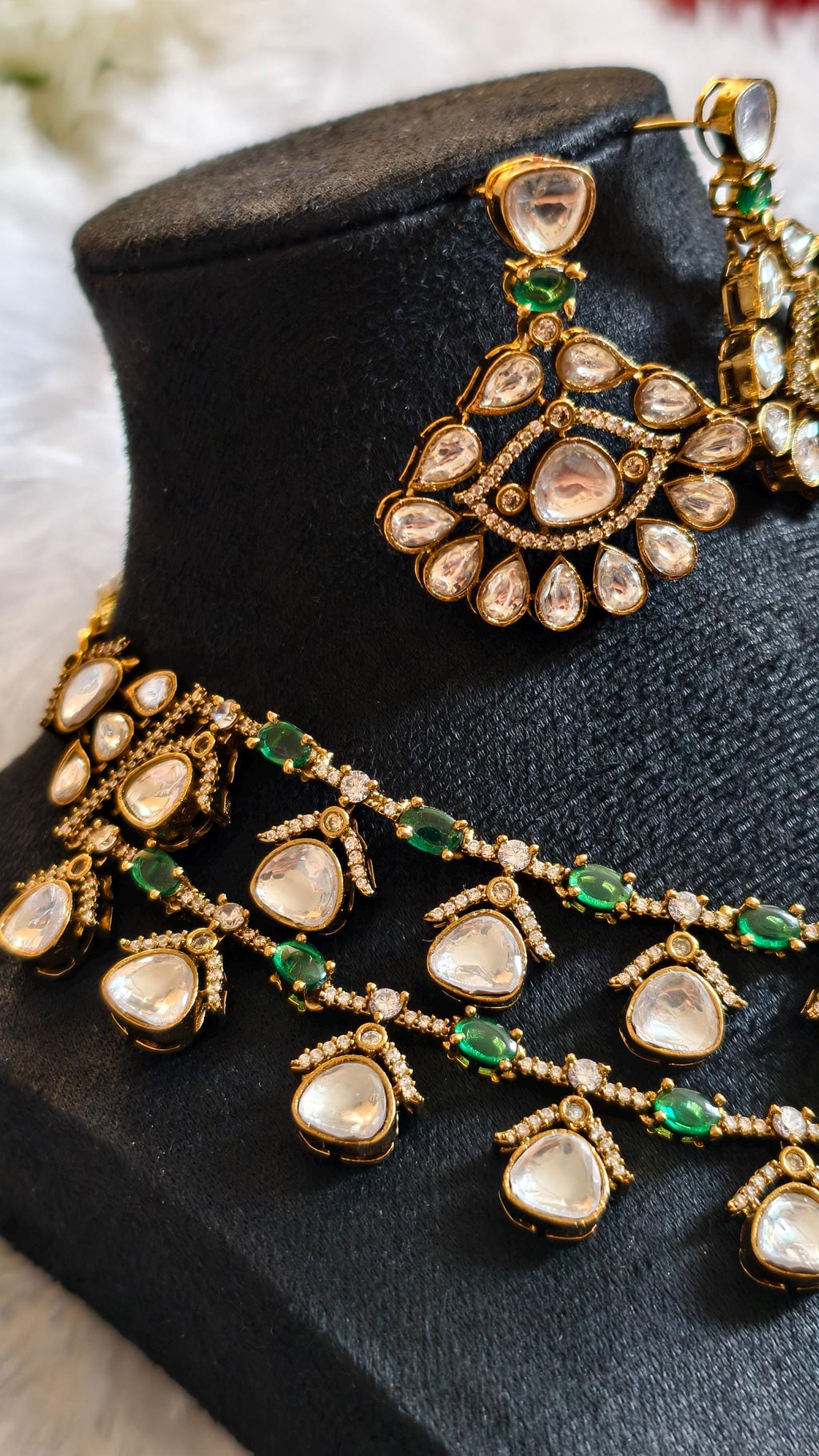 Layered Moissanite Polki Jadau Necklace Set with Emerald Accents | Victorian Bridal Jewelry