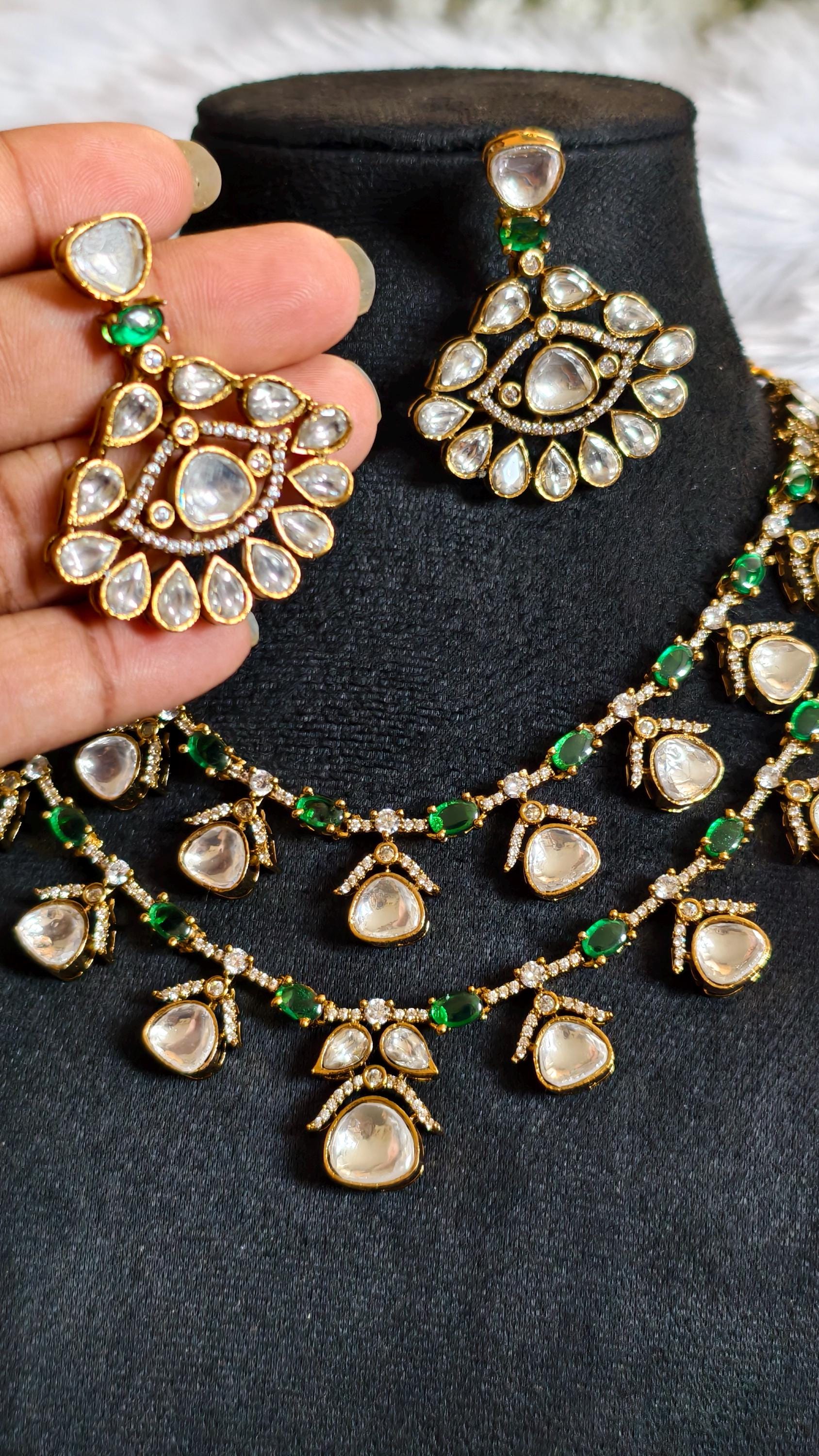 Layered Moissanite Polki Jadau Necklace Set with Emerald Accents | Victorian Bridal Jewelry