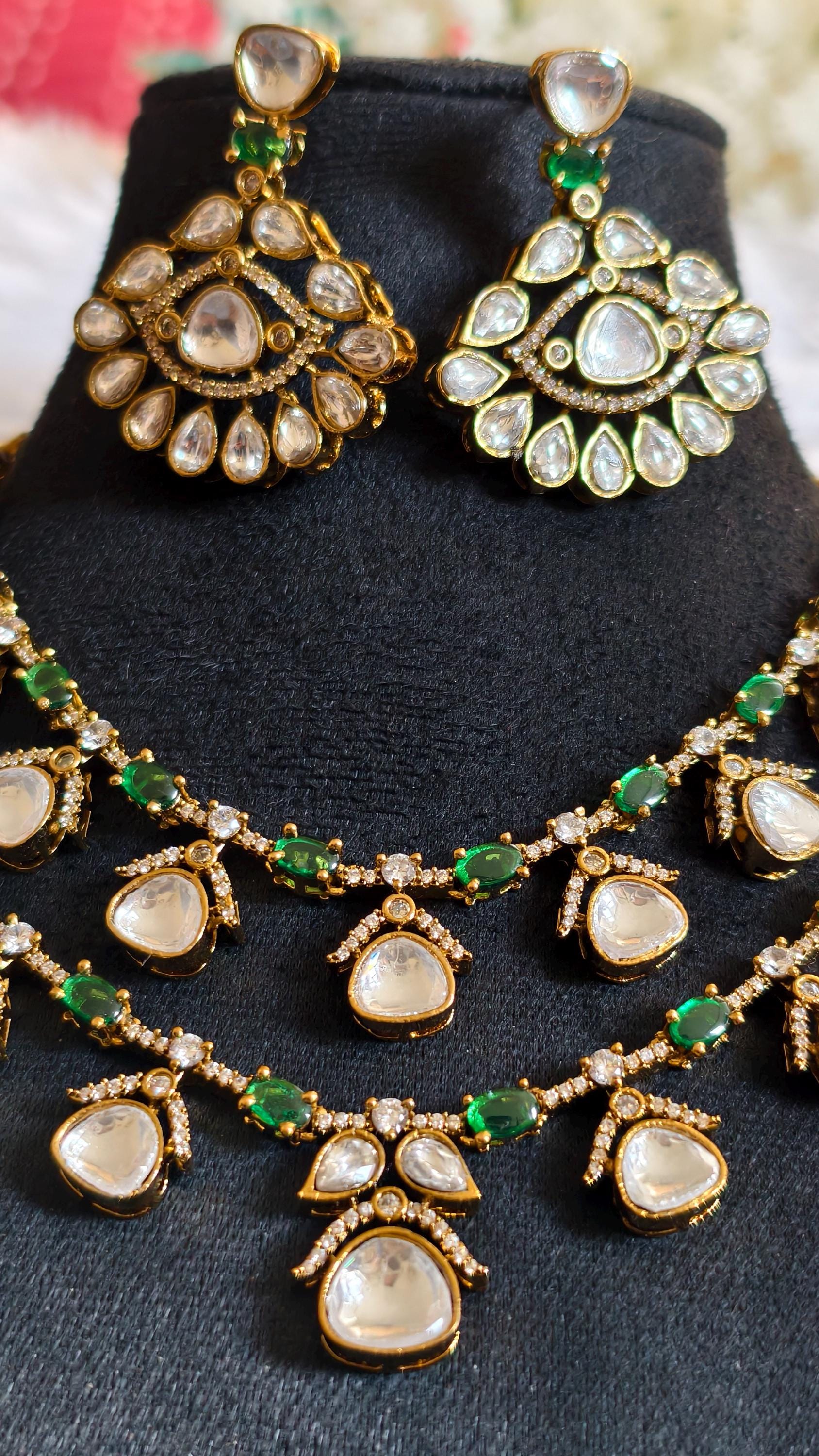 Layered Moissanite Polki Jadau Necklace Set with Emerald Accents | Victorian Bridal Jewelry