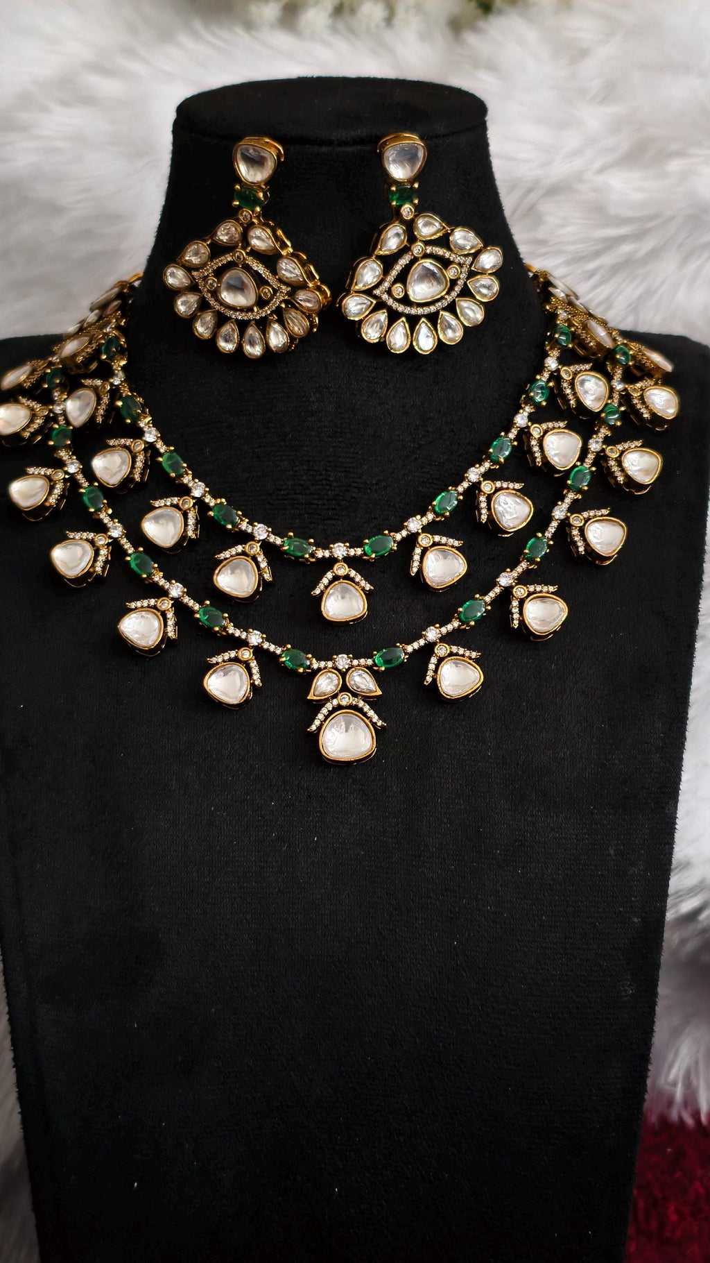 Layered Moissanite Polki Jadau Necklace Set with Emerald Accents | Victorian Bridal Jewelry