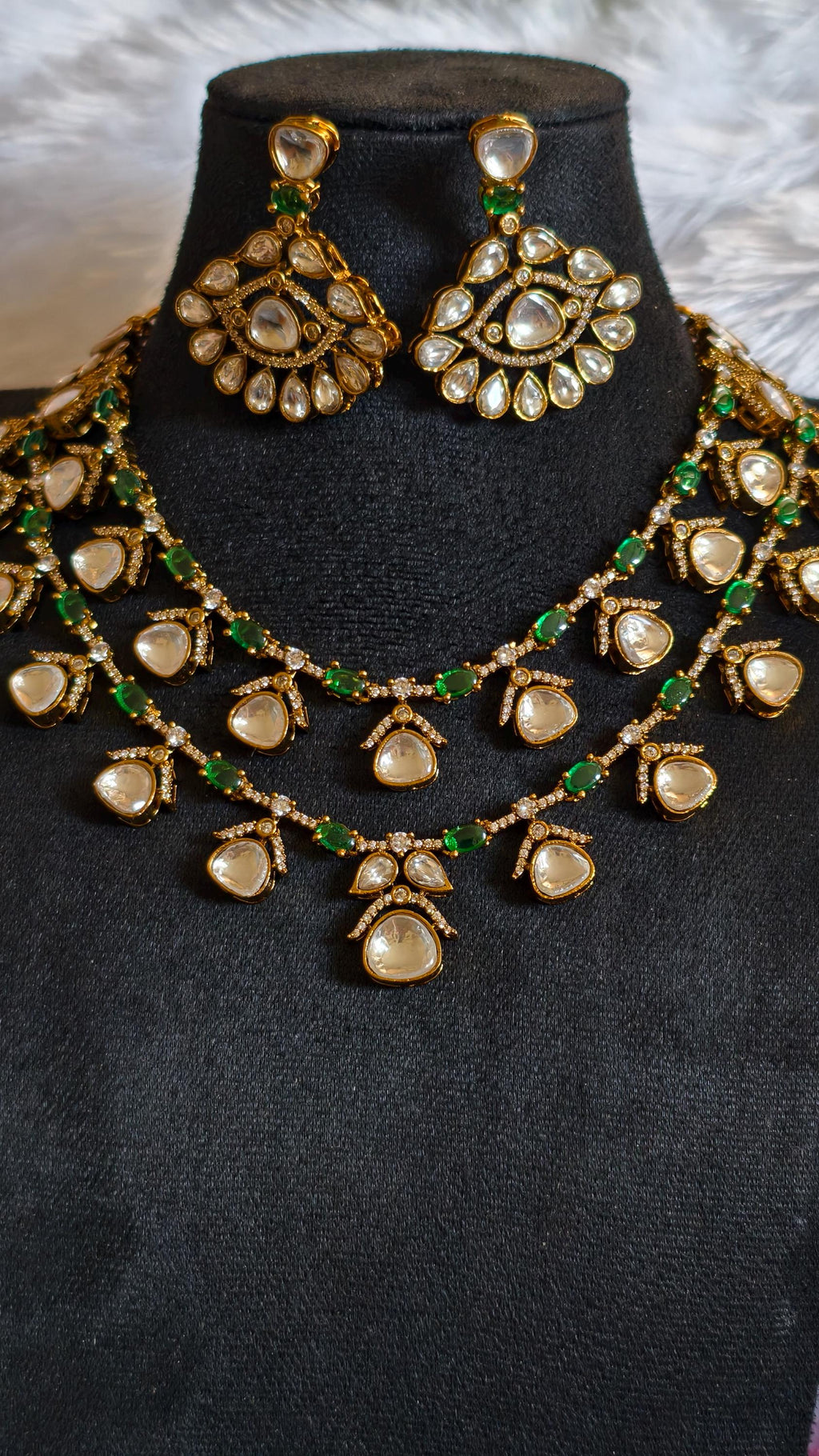 Layered Moissanite Polki Jadau Necklace Set with Emerald Accents | Victorian Bridal Jewelry
