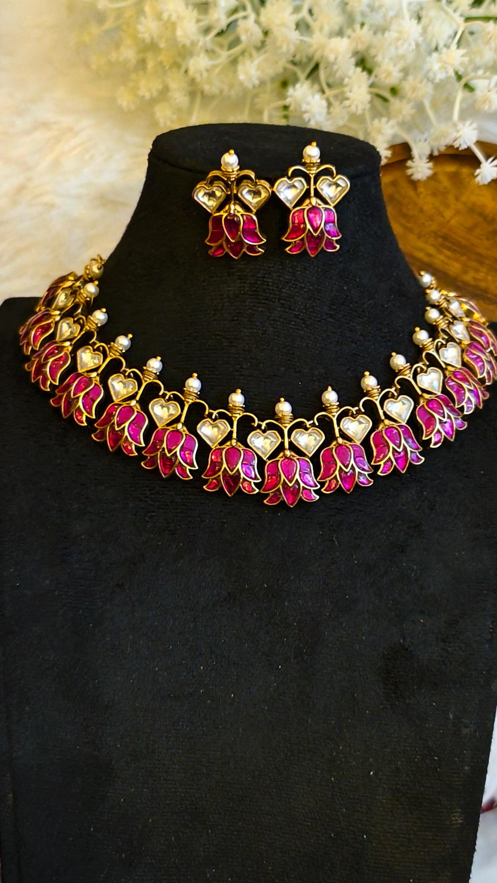 Pink Lotus Jadau Kundan Choker Necklace Set | Meenakari Floral Wedding Jewelry