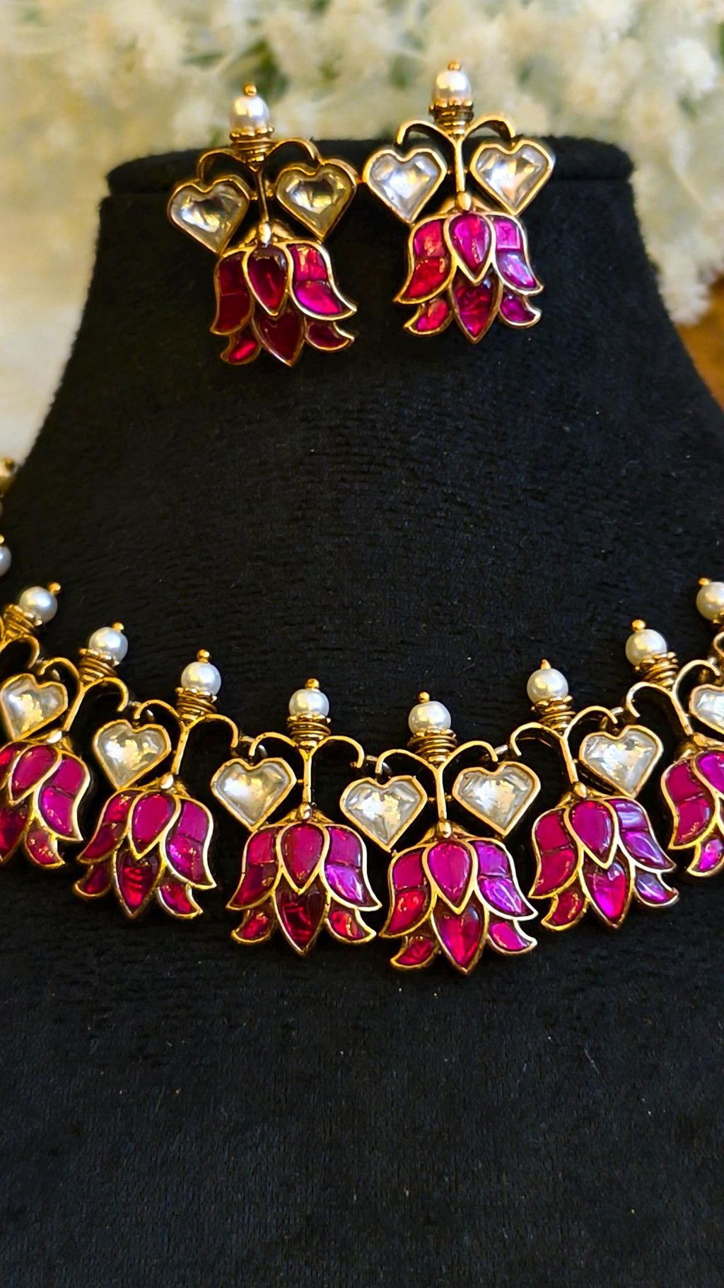 Pink Lotus Jadau Kundan Choker Necklace Set | Meenakari Floral Wedding Jewelry