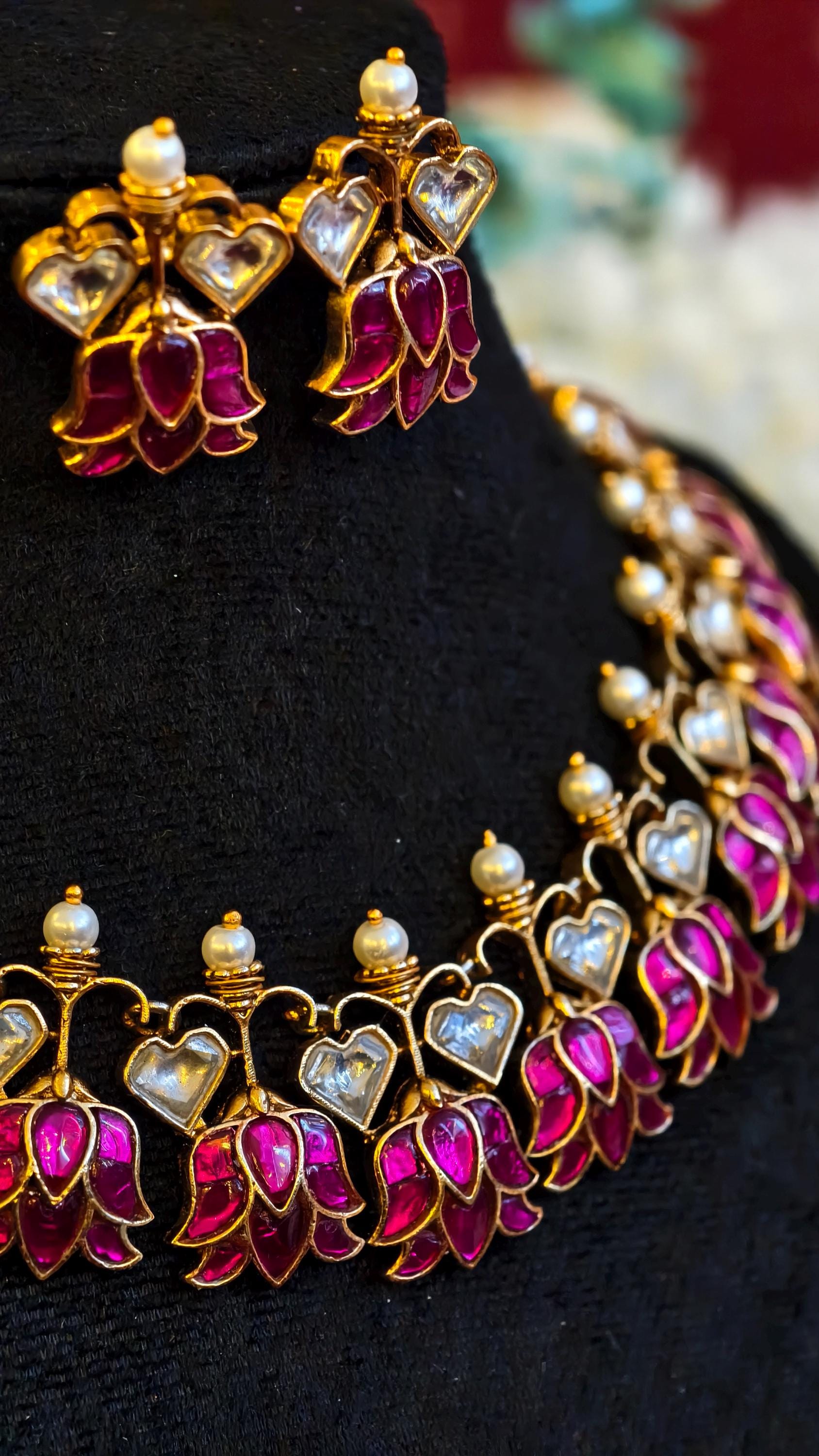 Pink Lotus Jadau Kundan Choker Necklace Set | Meenakari Floral Wedding Jewelry