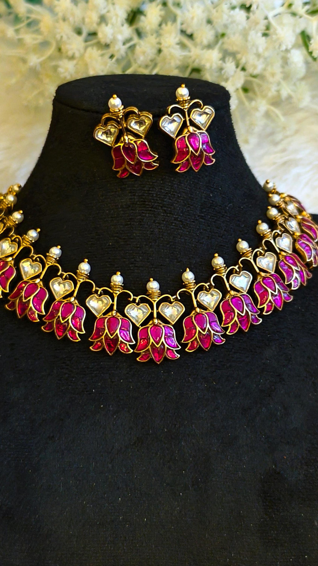 Pink Lotus Jadau Kundan Choker Necklace Set | Meenakari Floral Wedding Jewelry