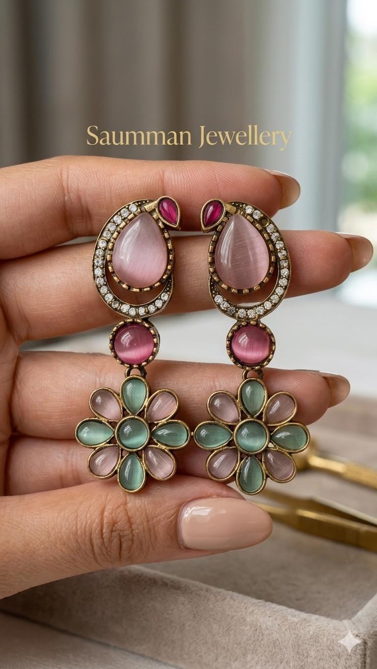 Pastel Floral Drop Earrings, Kundan Meenakari, Indian Wedding Jewelry, Bollywood Style Jhumka