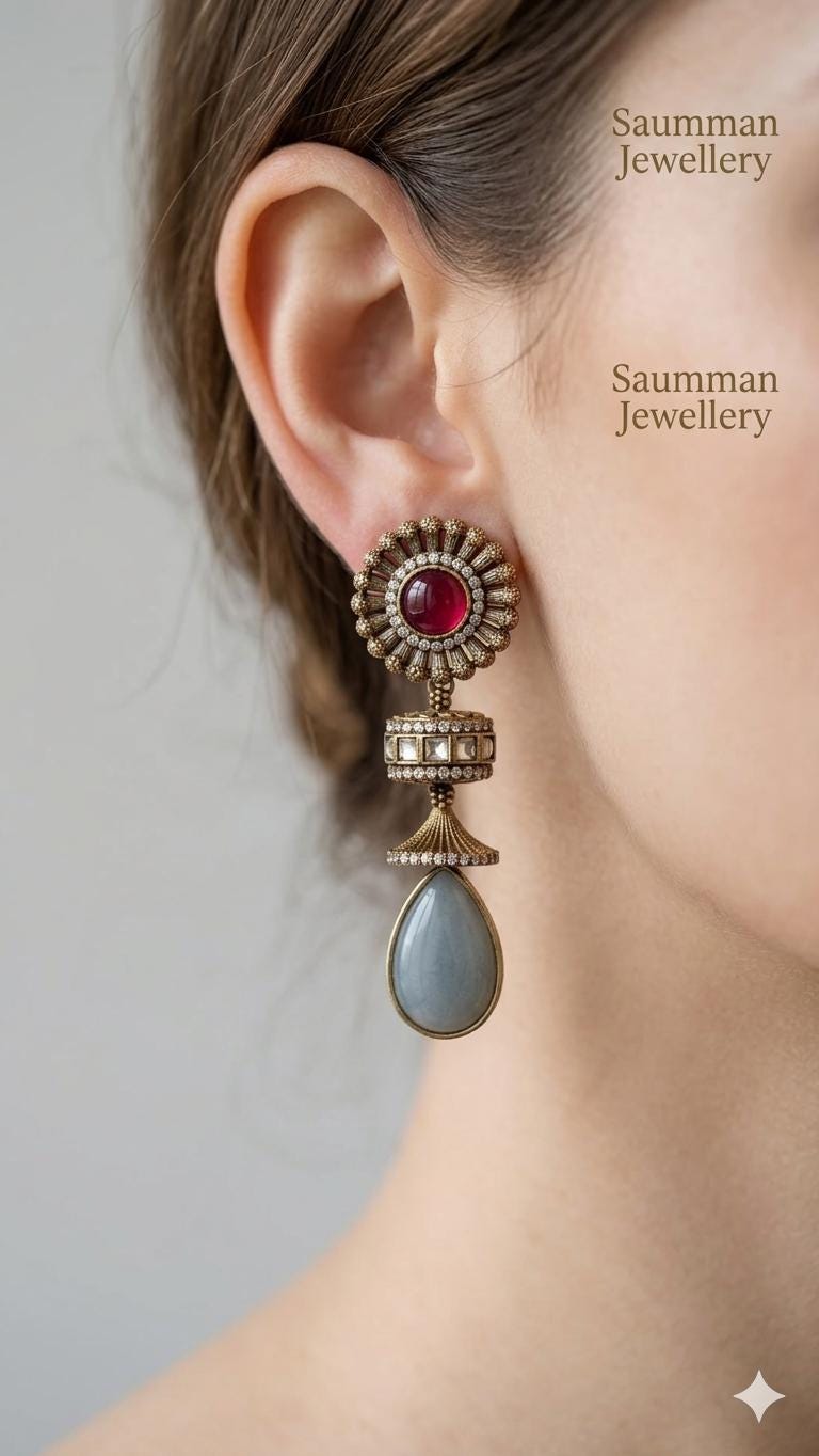 Sabyasachi Inspired Floral Jhumka Earrings, Antique Gold Ruby Grey Stones, Indian Bridal Jewelry