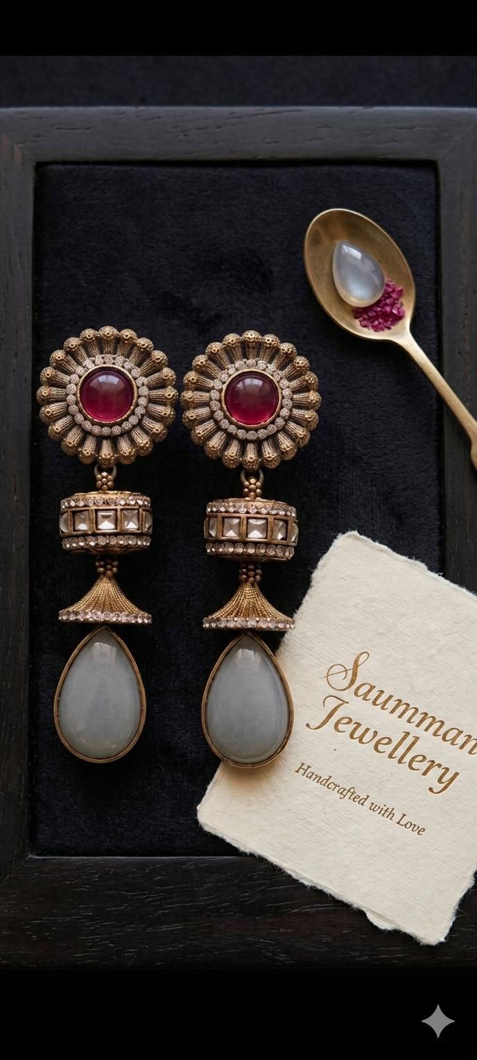 Sabyasachi Inspired Floral Jhumka Earrings, Antique Gold Ruby Grey Stones, Indian Bridal Jewelry