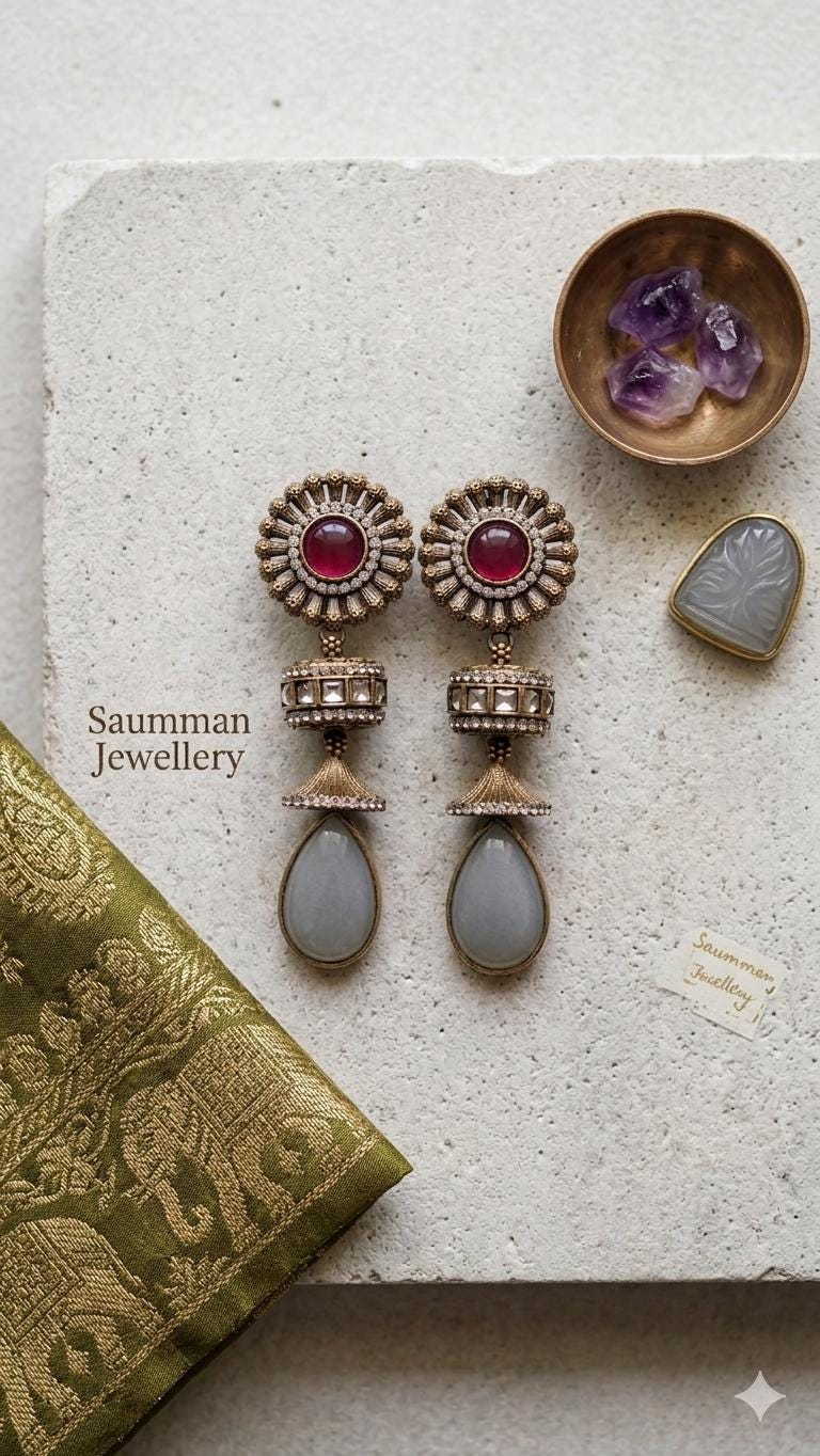 Sabyasachi Inspired Floral Jhumka Earrings, Antique Gold Ruby Grey Stones, Indian Bridal Jewelry