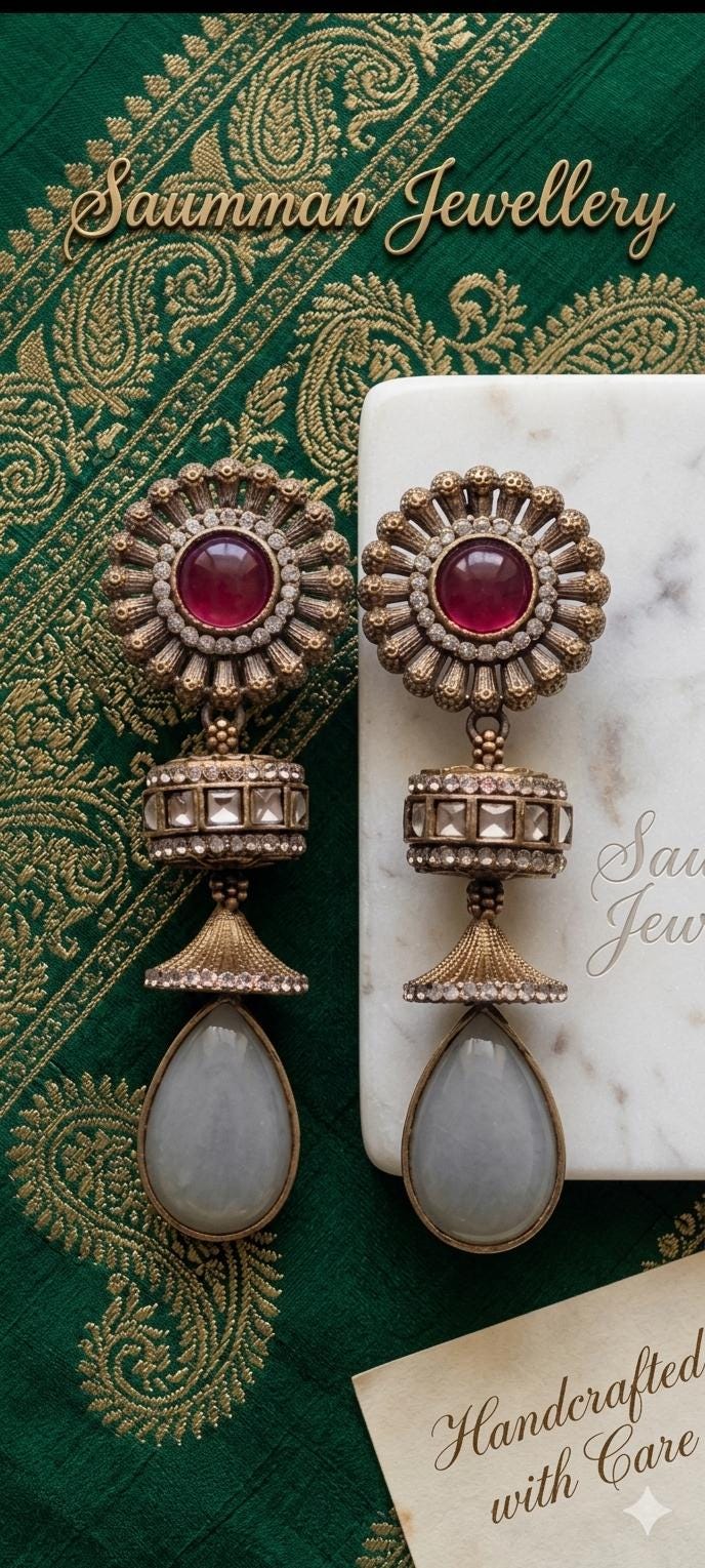 Sabyasachi Inspired Floral Jhumka Earrings, Antique Gold Ruby Grey Stones, Indian Bridal Jewelry
