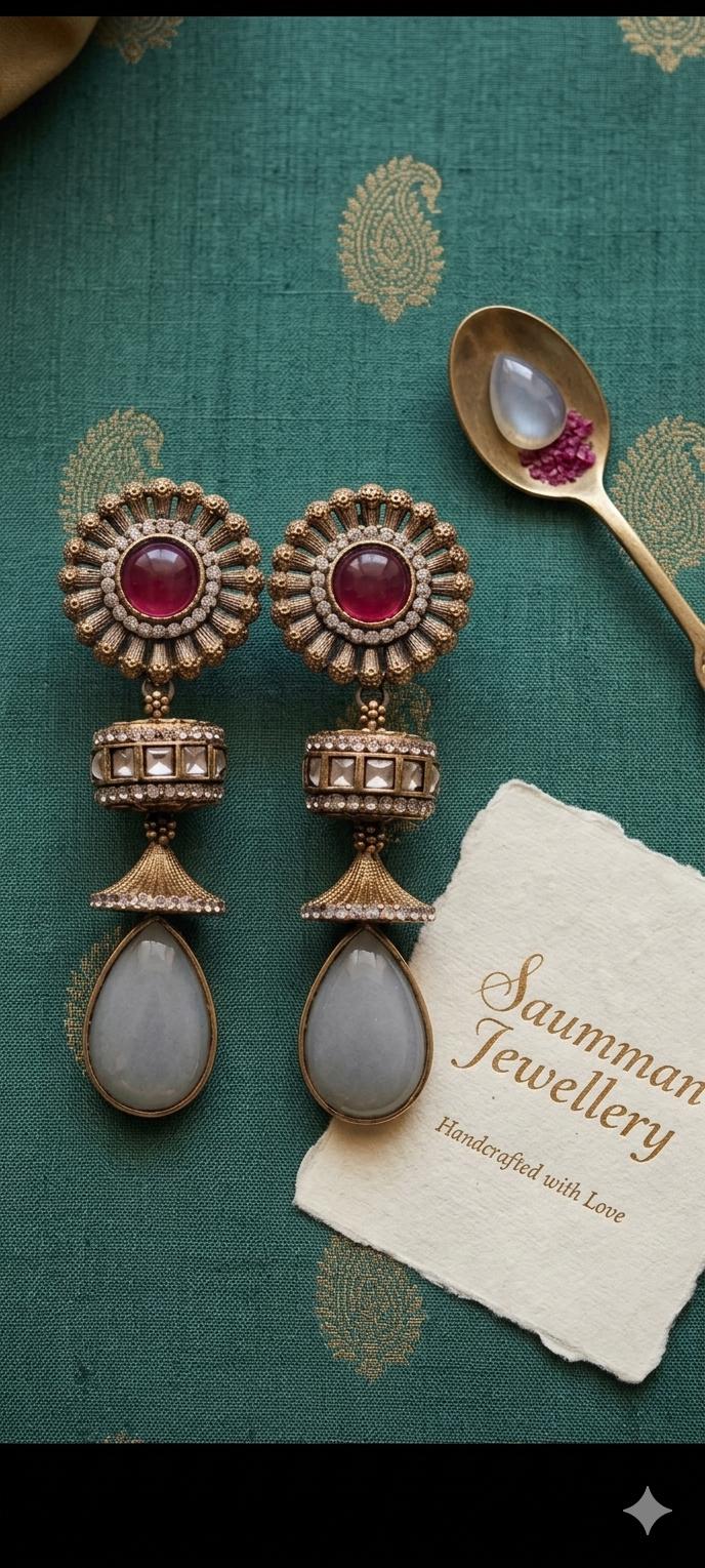 Sabyasachi Inspired Floral Jhumka Earrings, Antique Gold Ruby Grey Stones, Indian Bridal Jewelry