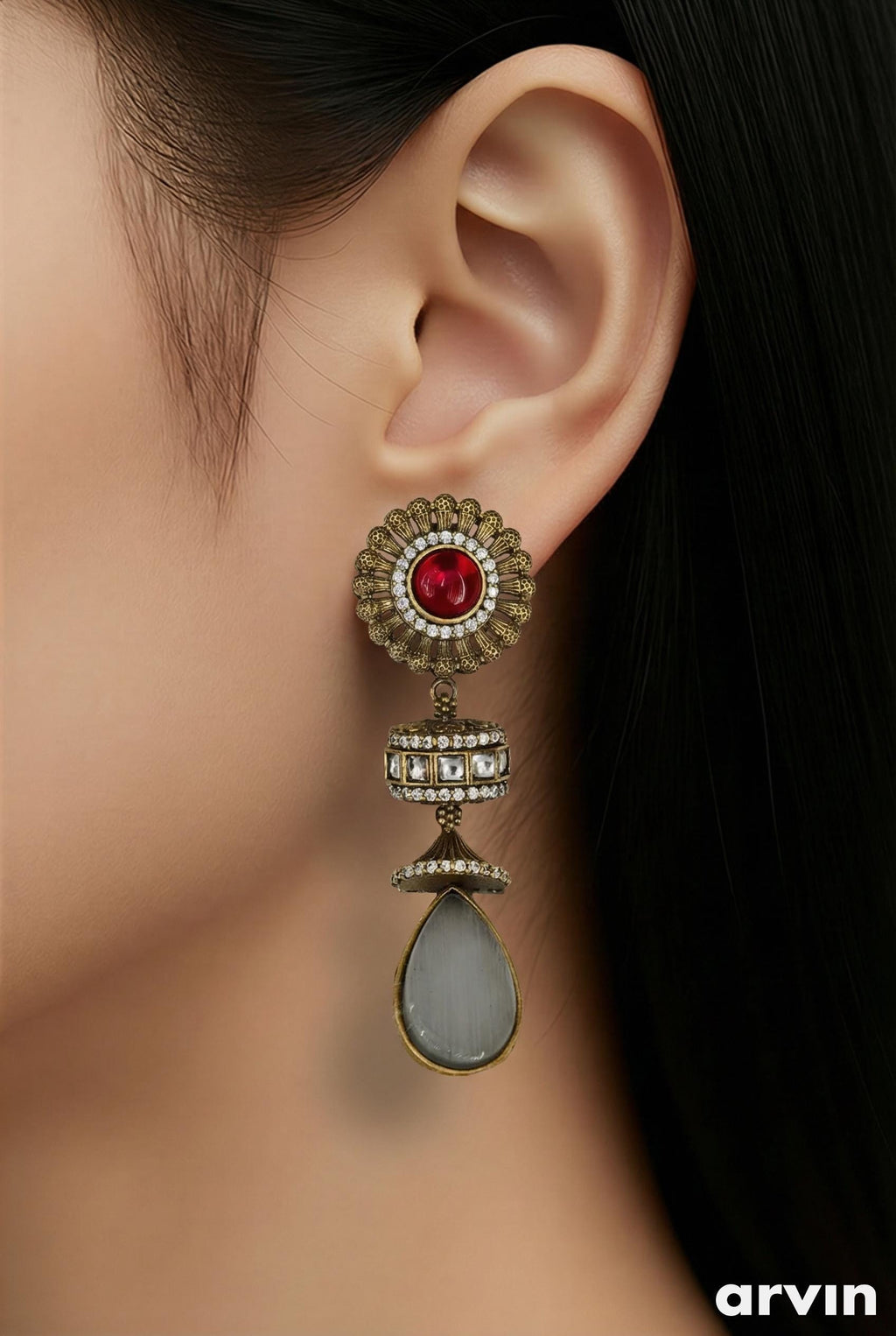 Sabyasachi Inspired Floral Jhumka Earrings, Antique Gold Ruby Grey Stones, Indian Bridal Jewelry