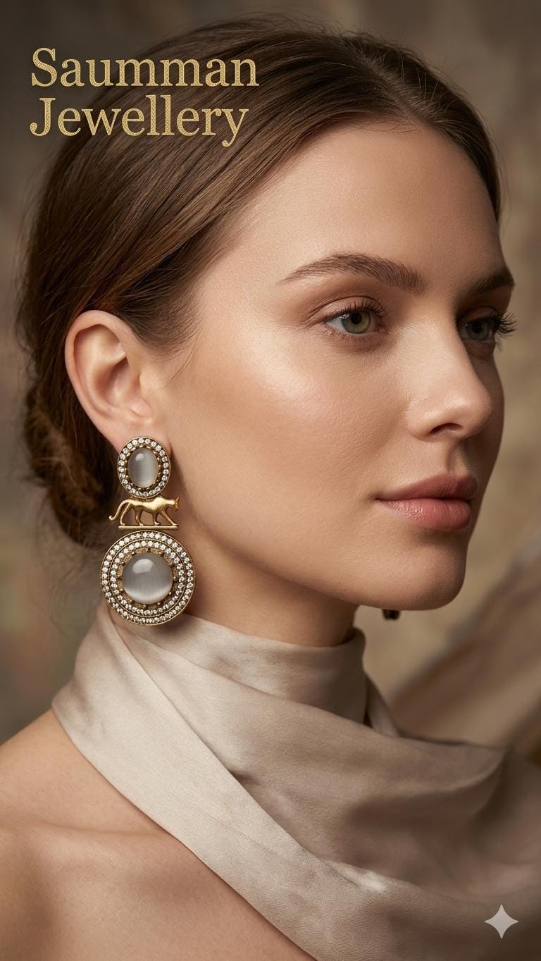 Sabyasachi Inspired Jaguar Earrings, Vintage Cat's Eye Drop Earrings, Victorian Style Royal Jewelry, Gold Plated Panther Earrings