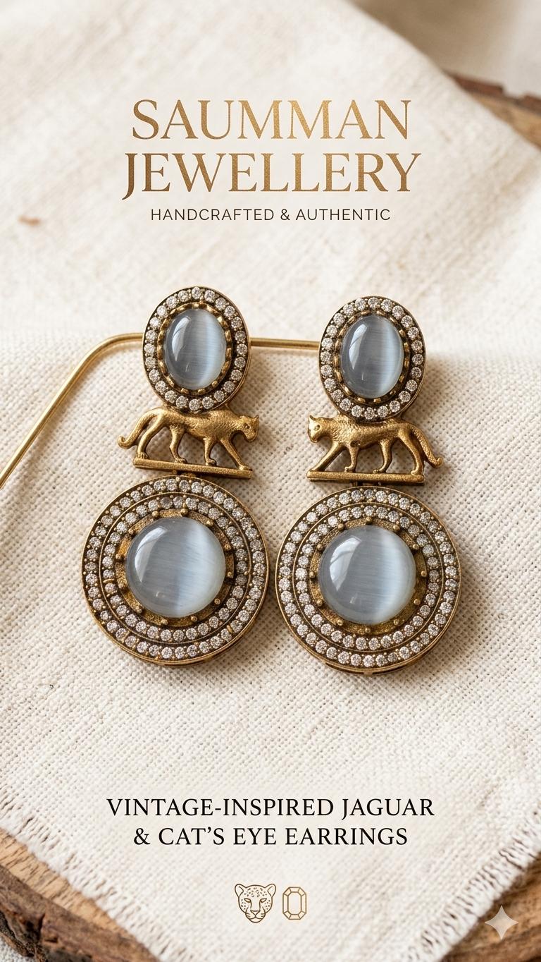 Sabyasachi Inspired Jaguar Earrings, Vintage Cat's Eye Drop Earrings, Victorian Style Royal Jewelry, Gold Plated Panther Earrings