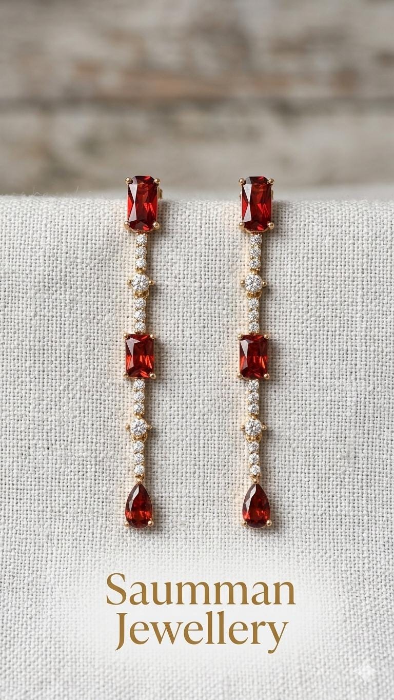 18k Gold Plated Garnet Drop Earrings, Emerald Cut Bridal Dangle Jewelry