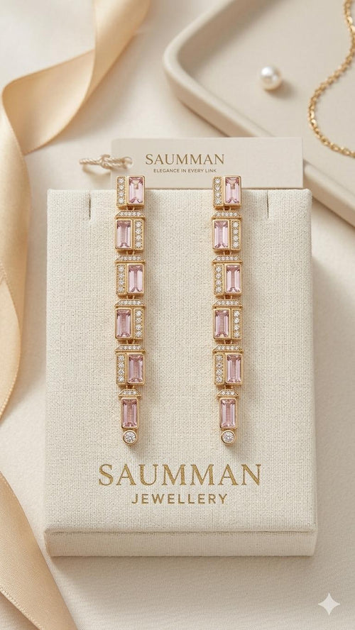 18K Gold Plated Pink Baguette Crystal Drop Earrings, Art Deco Bridal Geometric Dangle