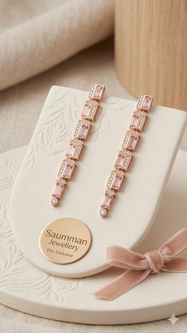 18K Gold Plated Pink Baguette Crystal Drop Earrings, Art Deco Bridal Geometric Dangle